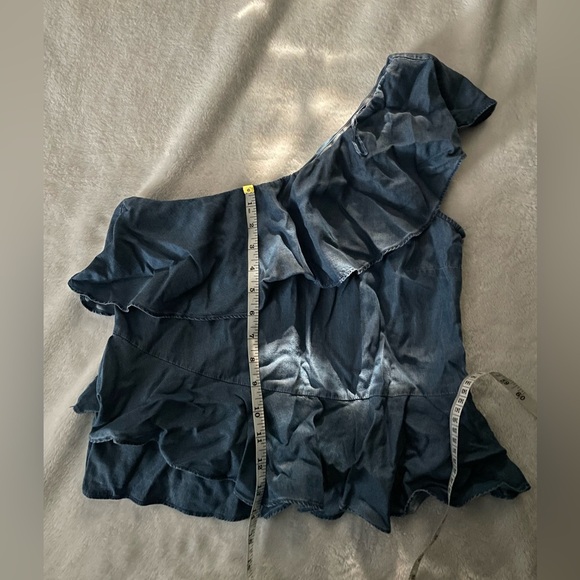 Denim One-Shoulder Ruffle Top in Blue Highline size small - Picture 7 of 8